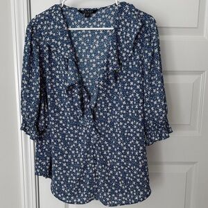 Lauren Ralph Lauren Navy and White Floral Ruffle V-Neck Blouse